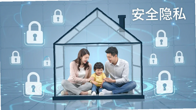 概念图,展示一个透明的玻璃房子,里面有一家三口幸福互动的场景,周围环绕着锁形图标象征安全,背景为淡蓝色科技感网格,文字“安全隐私”清晰可见,风格现代简洁