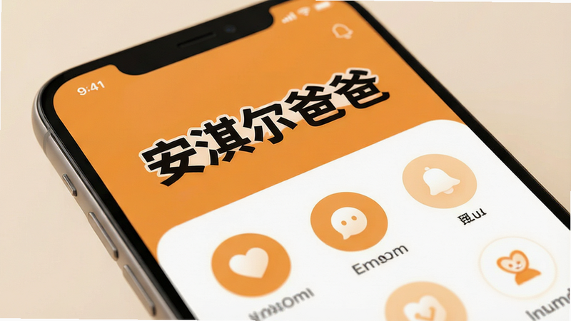 手机屏幕特写,显示“安淇尔爸爸”APP首页界面,界面设计温馨简约,主色调为暖橙色和白色,顶部有大号加粗文字“安淇尔爸爸”,下方展示几个圆形功能图标,背景干净,高清渲染,无杂乱元素