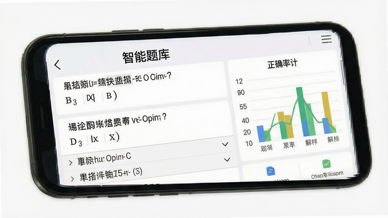 手机屏幕展示“智能题库”界面,列表显示多道选择题,右侧有正确率统计图表,背景为白色,文字清晰,风格扁平化,细节显示题目解析折叠状态,高清画质,干净,无多余元素,文字“智能题库”