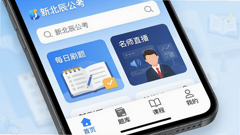 主体为手机屏幕特写,显示“新北辰公考”APP首页界面,布局清晰,顶部为搜索栏,中部为“每日刷题”与“名师直播”卡片,底部导航栏包含“首页”、“题库”、“课程”、“我的”四个图标,背景为浅蓝色渐变,风格现代简约,细节丰富,高清画质,干净无多余元素,文字“新北辰公考”清晰可见