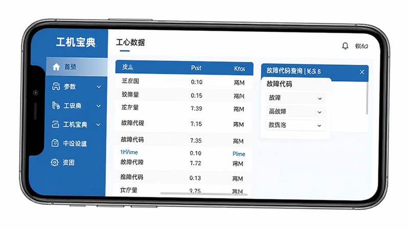 主体为工机宝典APP手机端界面截图,布局采用左侧功能导航栏,右侧核心数据展示区,排版清晰有序,风格为工业蓝与白色搭配的商务科技风,细节包含挖掘机参数列表、故障代码查询框,画质高清,干净,无多余元素