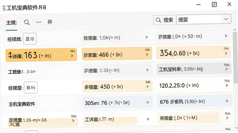 主体为工机宝典软件内的参数查询界面,布局为上下滚动列表结构,排版紧凑且重点数据高亮显示,风格为极简扁平化设计,细节包含具体数值单位标注、搜索高亮效果,画质清晰,干净,无多余元素