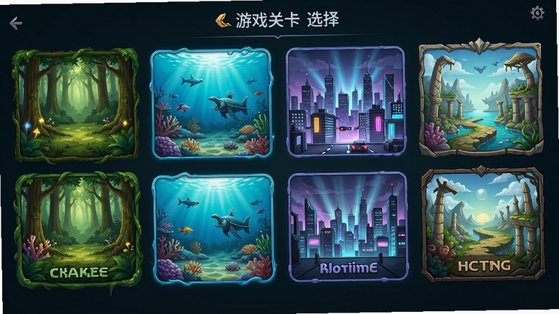 游戏关卡选择界面,展示多个不同风格的关卡入口,如森林、海洋、城市等主题,每个入口配有对应的预览图,排版整齐,风格多样,细节丰富,画质高清,干净,无多余元素