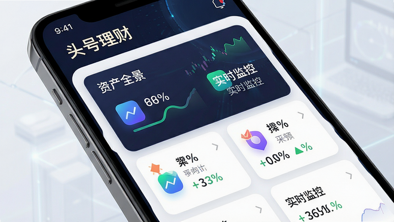 手机界面展示多资产仪表盘,主体为「头号理财」资产监控模块,布局为卡片式排列,排版整齐,风格科技感强,细节显示不同资产类别的图标与百分比变化,画质清晰,干净,文字包含