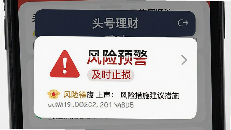 手机界面显示风险预警弹窗,主体为「头号理财」预警中心,布局突出红色警示图标与文字说明,排版简洁有力,风格严肃专业,细节展示具体的风险等级与建议措施,画质高清,无杂乱背景,文字包含