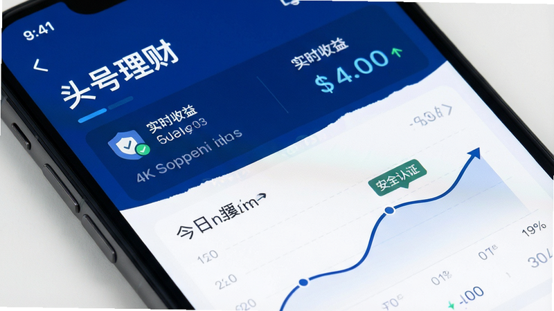 一张高清手机屏幕特写,主体为「头号理财」APP界面,布局清晰展示首页资产总览与今日收益曲线,排版采用极简扁平化风格,配色以深蓝与白色为主,细节呈现清晰的数字字体与图标,画质4k,干净无多余元素,文字包含