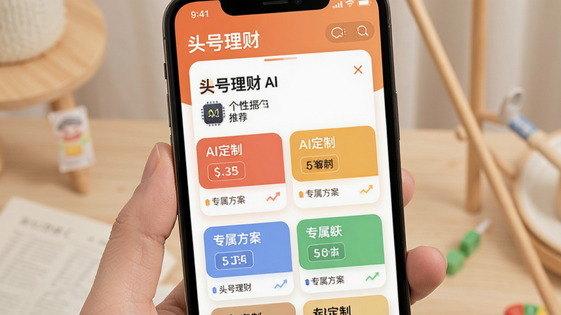 手机界面展示个性化方案推荐页,主体为「头号理财」AI建议模块,布局为列表形式,排版层次分明,风格温馨友好,细节显示不同风险等级的方案卡片,画质细腻,干净无噪点,文字包含
