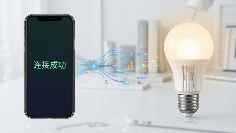 主体为手机与智能灯泡的连接示意图,布局左右对称,左侧手机屏幕显示“连接成功”字样,右侧灯泡发出柔和暖光,风格科技感,细节包含数据流动画效果,画质清晰,干净,无多余元素