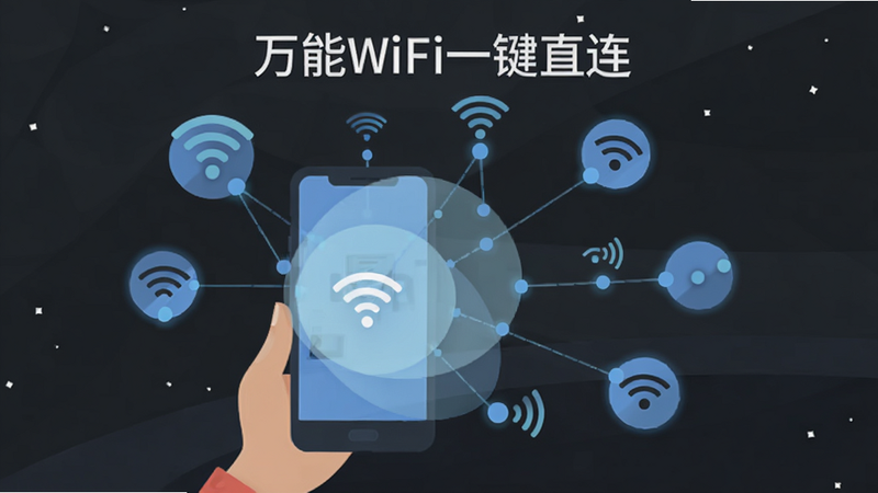 以“万能WiFi一键直连”为主题的示意图,展示手机正在扫描周围Wi-Fi信号的过程,手机屏幕发出淡蓝色光圈,向外辐射出多个代表不同Wi-Fi信号源的节点,节点大小不一代表信号强弱,背景为深空灰色,风格为扁平化科技插画,清晰展示扫描逻辑,无杂乱元素