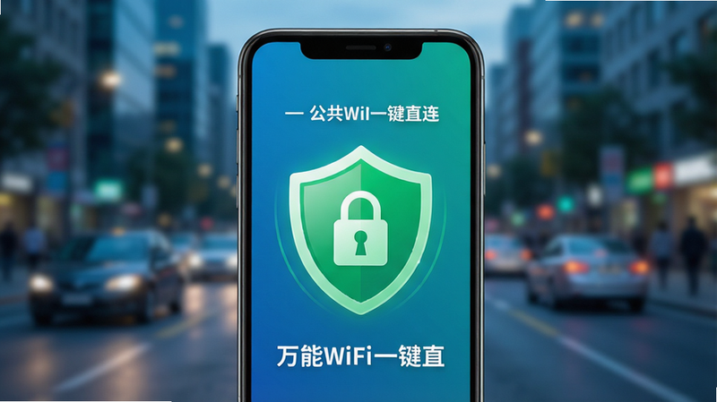 “万能WiFi一键直连”应用的安全防护概念图,手机界面显示一个绿色的盾牌图标,盾牌内有一个锁形标志,背景为模糊的城市街道场景,暗示在公共环境中保护隐私,色调以蓝绿为主,传达安全、可靠的感觉,画面整洁,无多余装饰