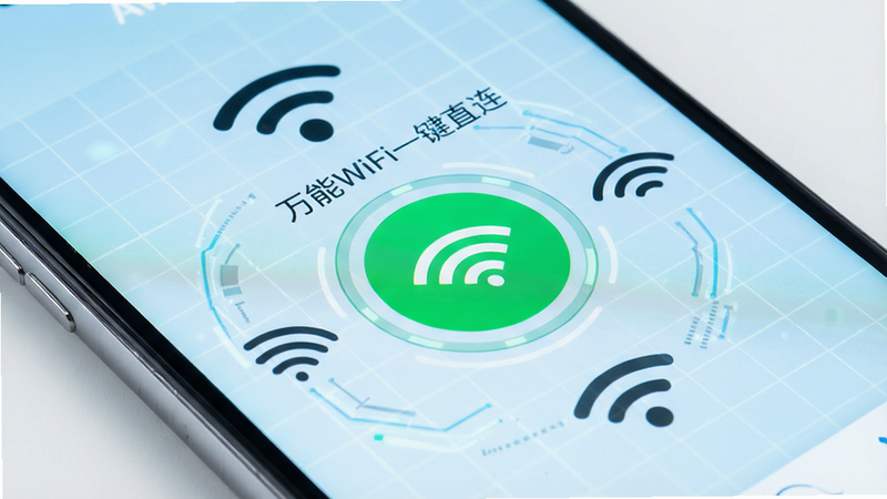 一张展示智能手机屏幕的高清特写图,屏幕上显示着“万能WiFi一键直连”应用的主界面,界面中央有一个醒目的绿色圆形连接按钮,周围环绕着几个信号强度不同的Wi-Fi图标,背景为浅蓝色科技风网格,画面简洁现代,无多余文字,高清质感,干净明亮