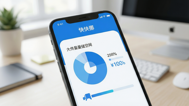 一部现代智能手机屏幕显示着名为“快快挪”的应用界面,界面设计简洁清新,主色调为科技蓝与白色,屏幕中央展示着大容量的存储空间饼图,旁边有清晰的进度条显示文件传输状态,背景虚化为整洁的办公桌,光线明亮柔和,高清写实风格,无多余杂乱元素,画质清晰,文字清晰可见,主体突出,布局平衡,细节丰富,干净简洁