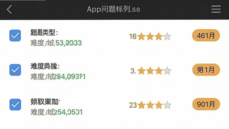 ����ΪAPP����б������ͼ������Ϊ�б���ʽ��ÿ����ʾ��Ŀ���͡��Ѷ��Ǽ�����ݱ�ǩ���Ű�������򣬷���ִ���ƽ����ϸ�ڰ�����ѡ��ͷ����ǩ�������������ɾ�