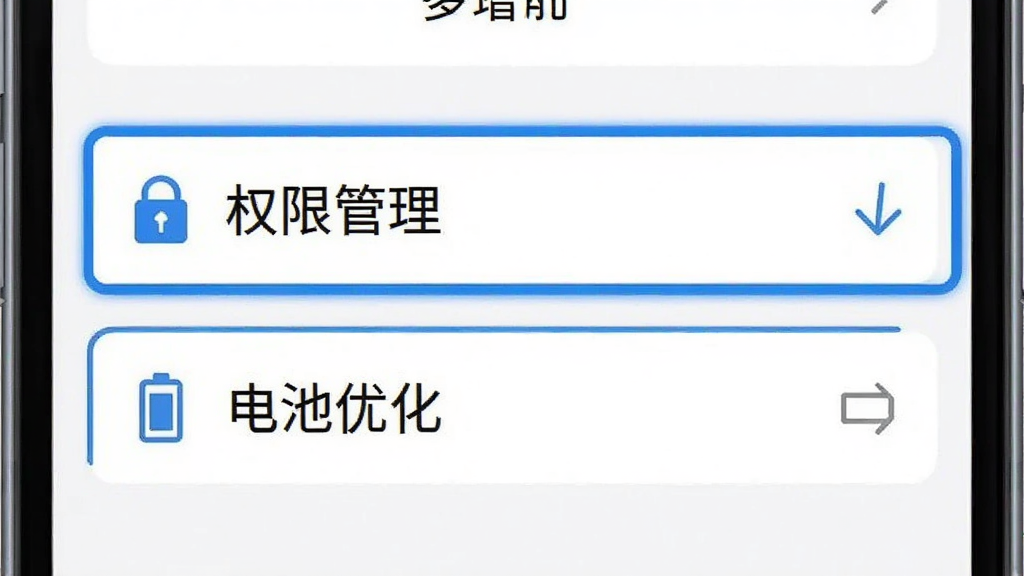 一个手机设置界面的示意图,重点高亮显示“权限管理”和“电池优化”两个选项,界面风格简洁,白色背景,蓝色高亮框,文字清晰,无其他干扰元素,教学指引风格,高清,细节准确,便于用户理解操作路径