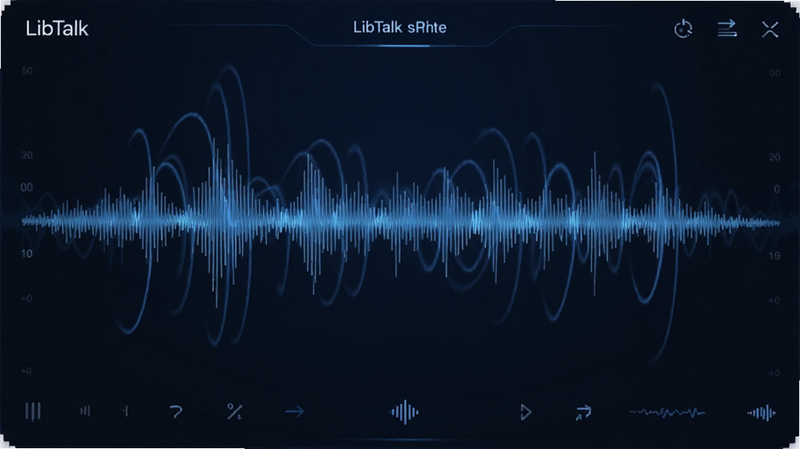 主体为LibTalk语音波形界面,布局横向展示,排版科技感强,风格深蓝色调,细节包含动态声波波纹,画质细腻,干净无杂乱背景