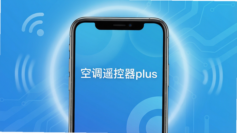 主体为智能手机屏幕界面,屏幕中央显示“空调遥控器plus”字样,背景为清新的蓝色科技渐变色调,手机周围环绕着柔和的光晕效果,布局居中对称,排版整洁现代,风格简约大气,细节处可见细腻的金属质感边框,画质高清,干净无多余元素,文字清晰可见