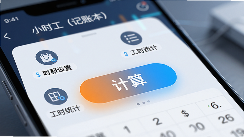特写镜头展示“小时工(记账本)”APP中的计算模块,界面突出显示一个醒目的“计算”按钮,周围环绕着“时薪设置”、“工时统计”等图标,背景虚化处理以突出前景界面,风格科技感强,细节清晰,光影效果柔和,体现专业与高效