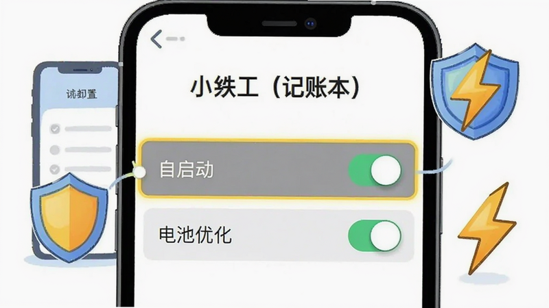手机屏幕截图风格插画,展示“小时工(记账本)”APP的设置页面,高亮显示“自启动”和“电池优化”开关,周围配有手机、盾牌和闪电图标,色彩鲜明,布局整洁,体现系统优化的主题,画质清晰,无杂乱背景