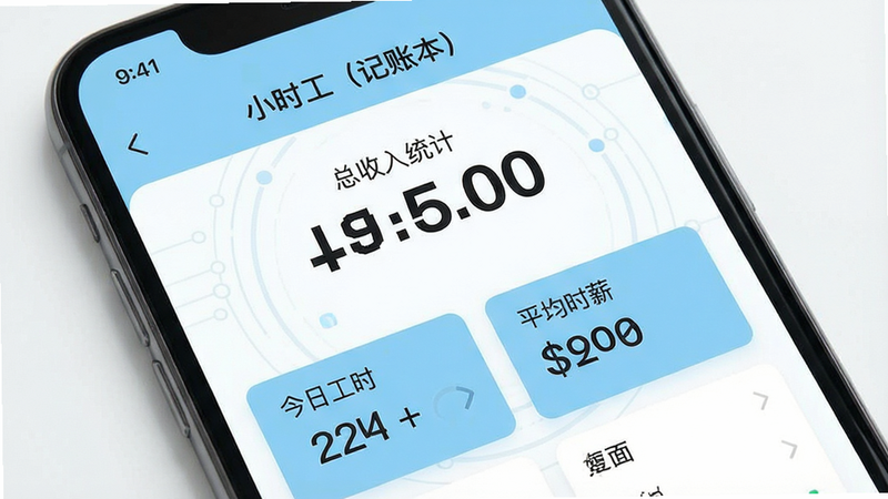 一张展示手机应用界面的高清图片,主体为“小时工(记账本)”APP的主界面,布局清晰简洁,采用扁平化设计风格,屏幕中央显示大号数字的总收入统计,下方排列着“今日工时”、“平均时薪”等数据卡片,配色以舒适的浅蓝色和白色为主,细节处体现现代科技感,画质高清,无多余装饰元素