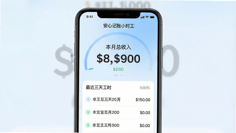 一张展示“安心记账小时工”APP主界面的手机屏幕截图,屏幕中央显示清晰的数字仪表盘,上方显示“本月总收入”大字,下方是最近三天的工时记录列表,背景为柔和的浅蓝色渐变,界面风格极简现代,无多余装饰,高清细腻,文字清晰可读,无水印
