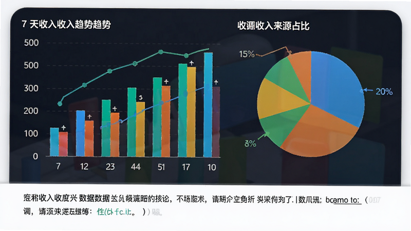 手机界面展示数据报表页,包含两个主要图表:左侧是柱状图展示近7天收入趋势,右侧是饼图展示收入来源占比,图表颜色鲜艳且区分度高,下方有简要的文字总结,整体设计专业且易读,高清画质