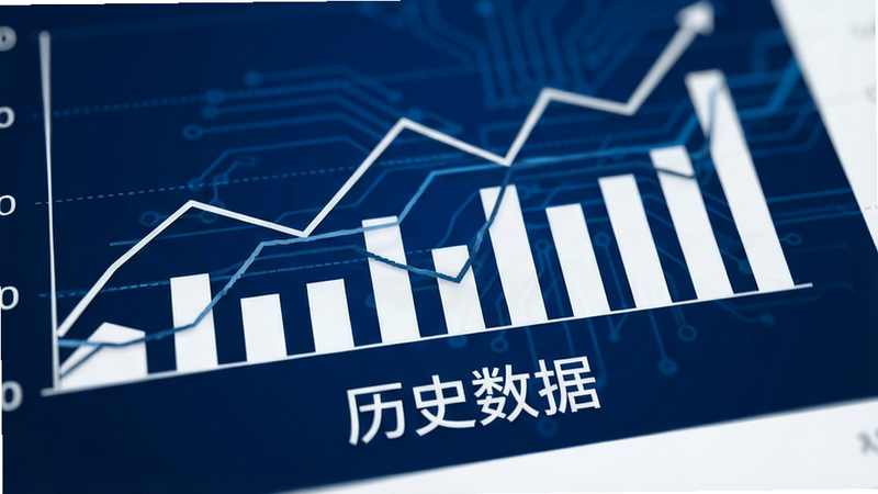数据可视化图表特写,深蓝色背景上展示着清晰的白色折线图和柱状图,图表下方有“历史数据”字样,整体风格科技感强,色彩对比鲜明,排版严谨,细节锐利,4k画质,干净背景,无干扰元素,文字显示“数据归档”
