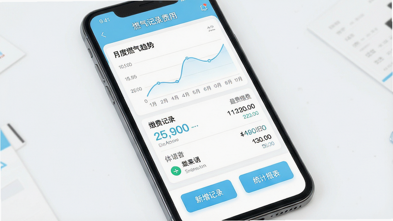 一张高清现代扁平化风格的UI设计图,主体为手机屏幕,显示着'燃气记录费用'应用的首页界面,布局简洁,顶部有'月度燃气趋势'折线图,中间列出最近的三笔缴费记录,底部为'新增记录'和'统计报表'两个大按钮,配色为清新的浅蓝色与白色,细节精致,画质4k,无多余元素,干净整洁