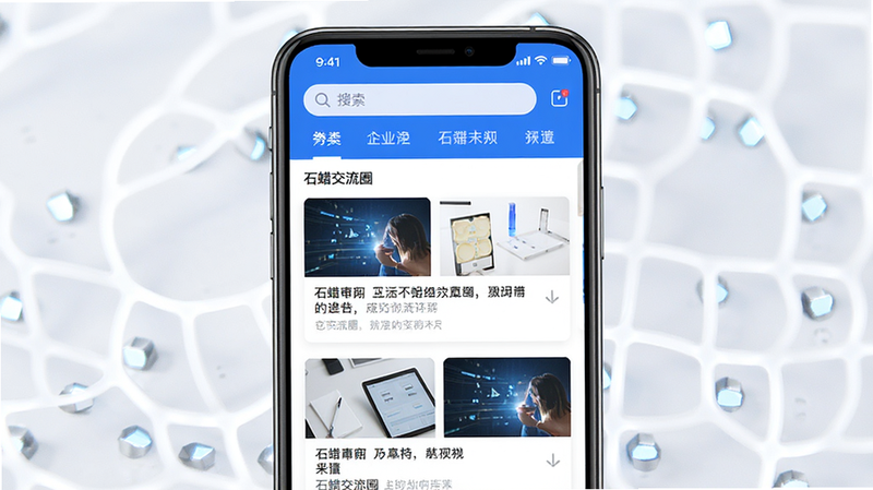 һ��չʾ��ʯ������Ȧ��App�ֻ������ͼ��ͼƬ������Ϊ�ֻ���Ļ������������������ʾ�������ͷ����ǩ���в�Ϊ��Ϣ���б�������ͼ�Ļ��ŵ����¿�Ƭ������ִ���Լ��ɫ���ԿƼ����Ͱ�ɫΪ����ϸ�ڷḻ�����ʸ��壬�ɾ����޶���Ԫ��