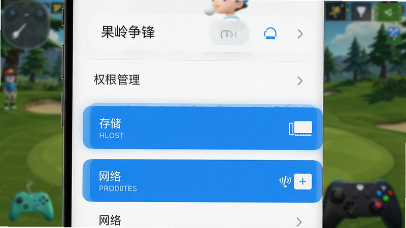 主体为手机设置界面截图,布局显示权限管理列表,高亮显示“存储”和“网络”权限,背景为模糊的游戏画面,风格简洁现代,细节清晰可见,画质高清,干净,无多余元素,文字包含