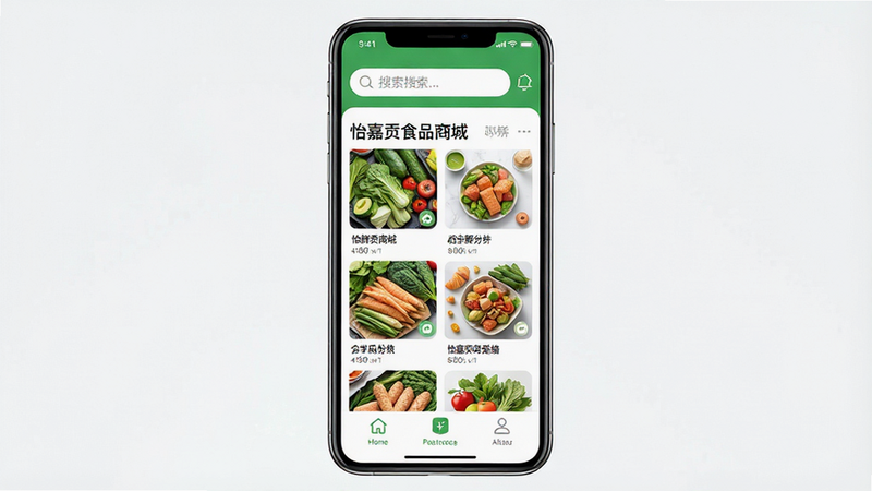 一张高质量移动端应用界面展示图,主体为手机屏幕,显示“怡嘉贡食品商城”首页,布局清晰,顶部有搜索栏,中部为生鲜食品分类网格,底部有导航栏,风格现代简约,色彩清新明亮,细节丰富,画质超清,干净无多余元素,文字内容包含“怡嘉贡食品商城”