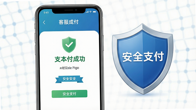 一张客服与支付安全示意图,主体为手机屏幕显示支付成功界面,旁边有盾牌图标象征安全,布局平衡,风格专业可信,细节体现保障感,画质清晰,干净背景,文字标注“安全支付”