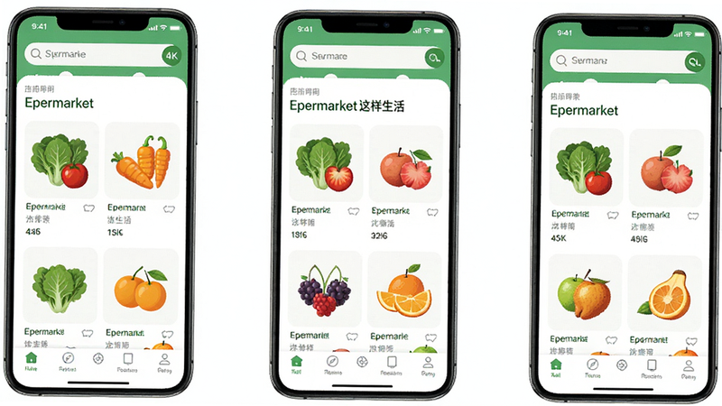 ����ΪEpermarket��������App�Ľ���ȫ��չʾ������������Ϊ�������������в���Ʒ�Ƽ����񡢵ײ������������Ϊ���������ı�ƽ����ƣ�ϸ�ڰ��������߲ˡ�ˮ���ĸ���ͼ�꣬����