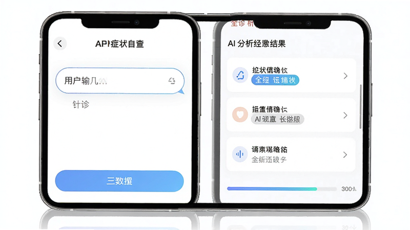 主体为全诊APP的症状自查界面,布局为对话式交互,左侧为用户输入框,右侧为AI分析结果列表,风格简洁明快,细节包含高亮关键词与进度条,画质清晰,干净无多余元素