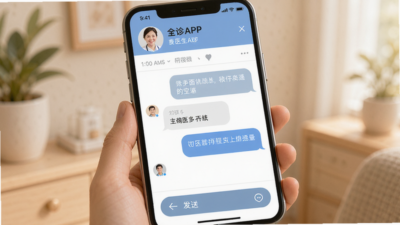 主体为全诊APP的在线问诊界面,布局为医患聊天窗口,顶部显示医生信息,底部为发送按钮,风格温馨信任,细节包含时间戳与消息气泡,画质柔和,干净无多余元素