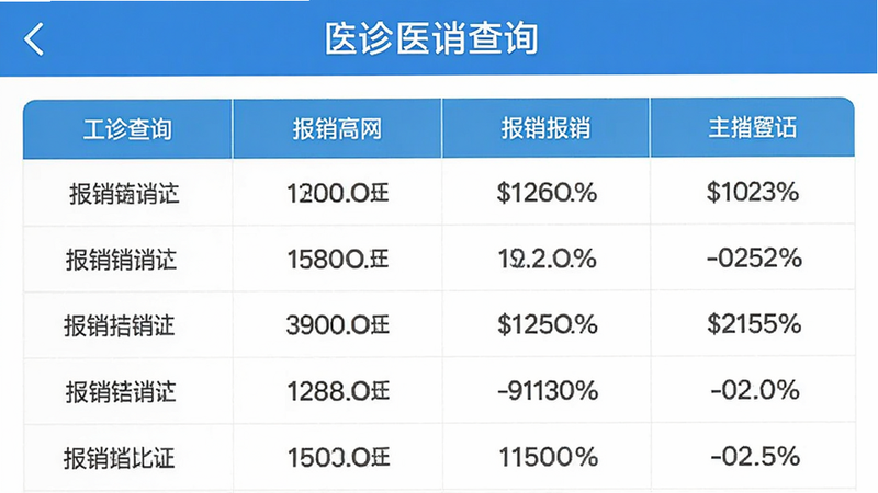 主体为全诊APP的医保查询页面,布局为表格形式展示报销比例,风格清晰直观,细节包含金额数字与百分比标识,画质高清,干净无多余元素