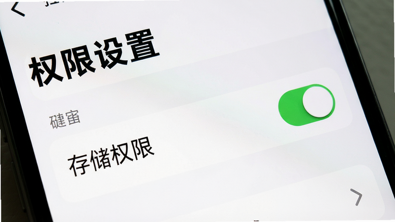 主体为手机设置界面,布局显示权限管理选项,排版简洁,风格系统原生UI,细节显示“存储权限”开关为开启状态,画质清晰,干净无多余元素,文字显示