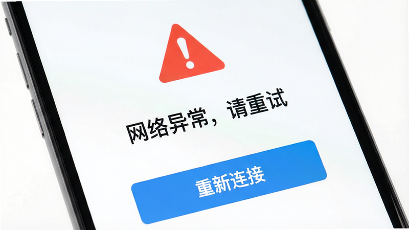 一个手机屏幕显示错误提示界面,上方有一个红色的警告三角形图标,中间文字显示“网络异常,请重试”,下方有“重新连接”按钮,背景为白色,界面简洁,无其他干扰元素,高清,扁平化风格,文字清晰,主体突出,干净背景。