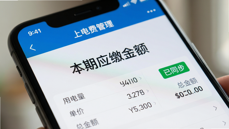 手机屏幕特写,显示“网上电费管理”应用内的账单详情页面,大字体显示“本期应缴金额”,下方列表展示“用电量”、“单价”、“总金额”,界面右侧有一个绿色的“已同步”状态标签,背景虚化处理,突出屏幕内容,光线柔和,细节丰富,写实风格,高分辨率,无水印,干净利落。