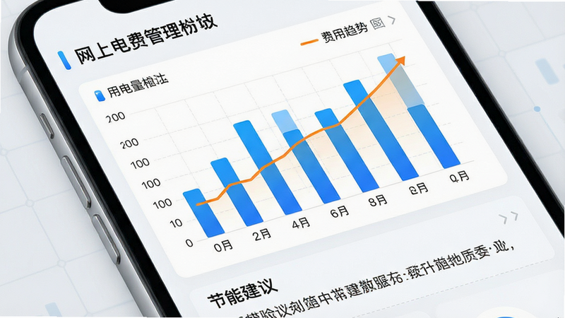 展示“网上电费管理”APP中的数据分析模块,屏幕中央是一个动态柱状图,蓝色柱子代表用电量,橙色线条代表费用趋势,图表下方有“节能建议”文字区域,界面色调以白色和科技蓝为主,线条流畅,图表清晰,背景为浅灰色网格,现代科技感,极简主义设计,高清晰度,无杂乱元素。