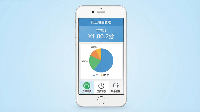一部白色智能手机屏幕显示着名为“网上电费管理”的应用界面,界面设计简洁现代,顶部显示当前月份账单金额,中部有清晰的饼图展示用电结构,底部有一排功能图标包括“立即缴费”、“历史记录”、“联系客服”等,背景为淡蓝色渐变,整体风格清新干净,无多余装饰,高清画质,扁平化设计,文字清晰可读,主体居中,布局规整。