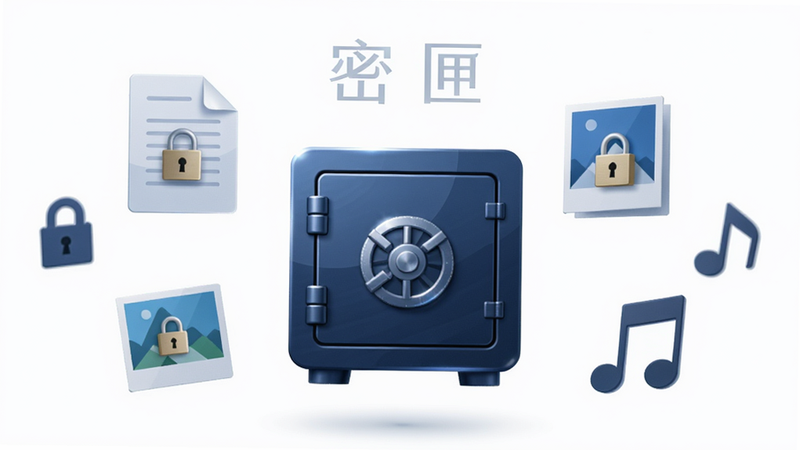 Boogu-Image风格,主体为深蓝色科技感的保险箱图标悬浮在白色背景中央,周围环绕着被锁住的文档、照片和音乐符号,布局居中对称,排版简洁现代,风格为扁平化商务插画,细节包含细微的光影折射表现金属质感,画质4k高清,干净无多余元素,文字
