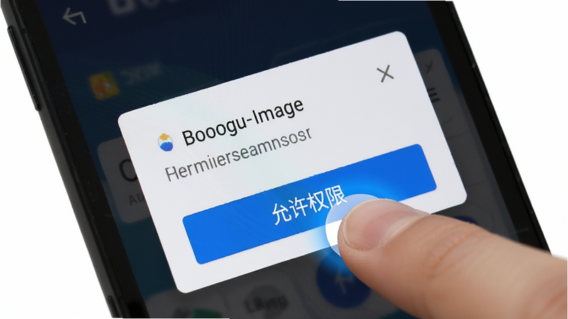 Boogu-Image风格,主体为一部安卓手机屏幕显示权限请求弹窗,手指正在点击
