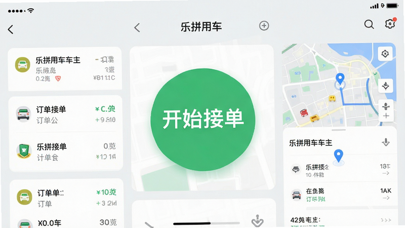 一张展示“乐拼用车车主”App主界面的高清截图,布局整洁,中心显示巨大的绿色“开始接单”按钮,周围环绕着订单列表卡片和地图导航预览,背景为干净的浅灰色,UI风格现代扁平化,文字清晰可读,4K分辨率,无水印,无多余元素