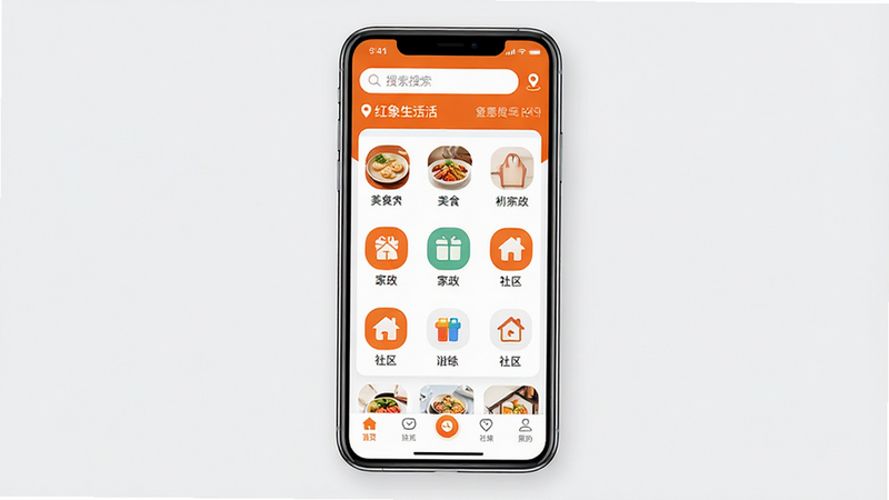 一张高清手机应用界面全景图,主体为红象生活APP首页,布局整洁,顶部显示搜索栏和定位信息,中部展示美食、家政、社区等分类图标,底部为导航栏,风格现代简约,色彩以白色和橙色为主,细节清晰,画质8k,干净无多余元素,图中文字'红象生活'清晰可见