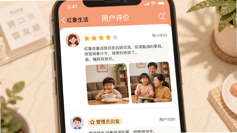 手机应用社区页面设计图,显示红象生活APP的评价列表,包含用户头像、星级评分、文字评论及图片展示,评论区活跃,有管理员回复标识,风格温馨友好,色彩柔和,排版整齐,画质高清,图中文字'用户评价'清晰