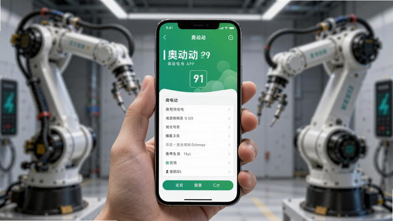 手机手持奥动换电APP界面,背景为模糊的换电站机械臂,突出手机屏幕内容,真实感,高清,干净
