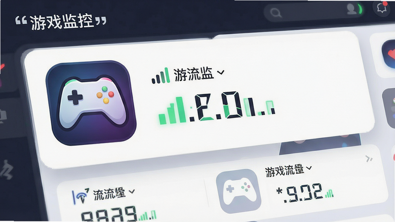 一张游戏流量监控图片,主体为游戏图标与流量数值,布局卡片式,排版醒目,风格游戏UI,细节包含网络信号,画质清晰,干净,无多余元素,文字“游戏监控”加引号
