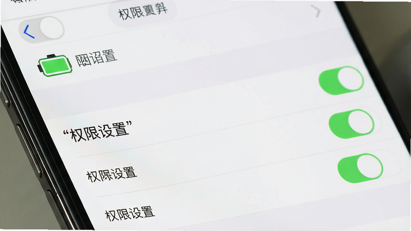 一张手机设置界面图片,主体为电池与权限设置列表,布局纵向滚动,排版清晰,风格系统原生,细节包含开关状态,画质清晰,干净,无多余元素,文字“权限设置”加引号