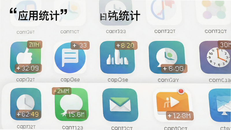 一张手机应用列表图片,主体为多个应用图标排列,布局网格状,排版紧凑,风格现代简约,细节包含流量数值标签,画质清晰,干净,无多余元素,文字“应用统计”加引号