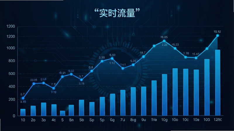 一张数据可视化图表图片,主体为蓝色折线图与柱状图组合,布局左右分布,排版整齐,风格科技感,细节包含数据节点与网格线,画质高清,干净,无多余元素,文字“实时流量”加引号